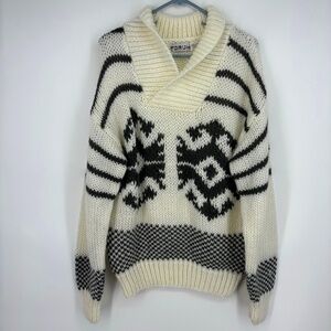 Forum Mens Large Pullover Chunky Sweater Ivory Gray Pattern Shawl Collar Vintage